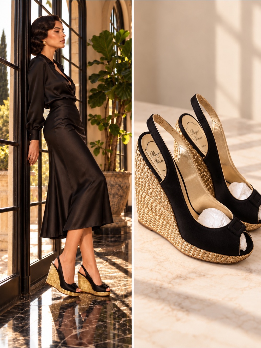 Roger Vivier Black Satin Belle Peep Toe Slingback Espadrille Wedge Heels